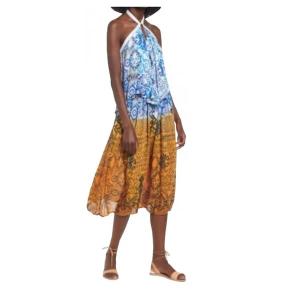 RAGA | Blue and Mustard Boho Tiered Midi Halter Neck Ruffle Sundress | Small - Picture 1 of 7